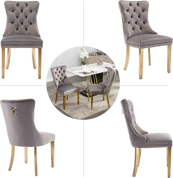 Grey Velvet Dining Chairs Set of 2, Upholstered Dining Room Chairs with Back ...