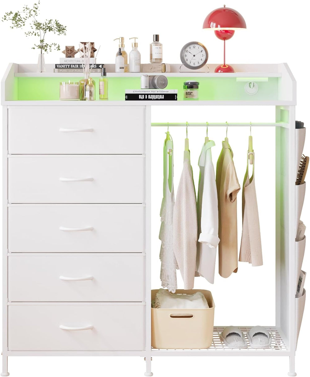 LUMTOK Modern 5 Dresser with LED Hanging Rack, Dresser with Clothes Rack, Han...