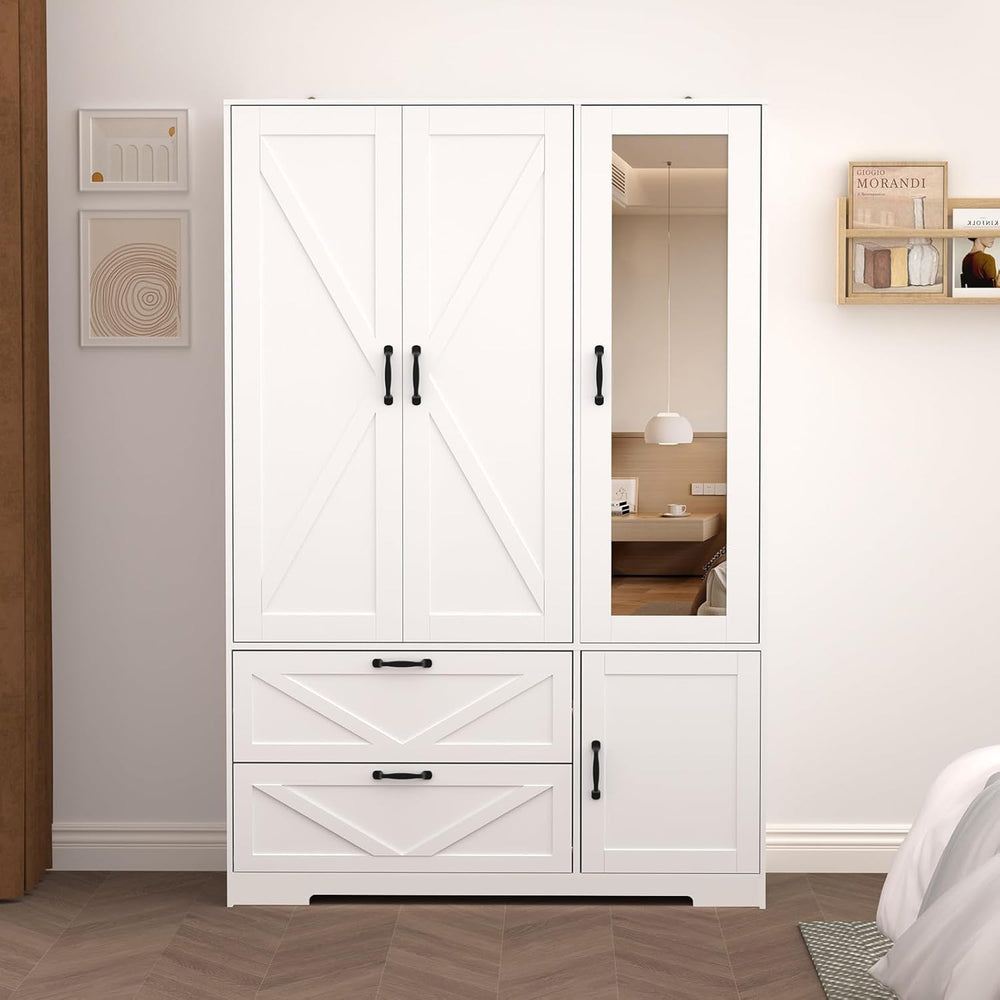 Armoire Wardrobe Closet with Mirror Door and LED Lights,3 Doors Farmhouse Bed...