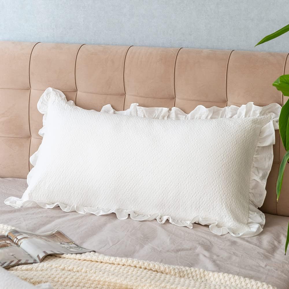 Pillow Shams Set of 2 Pure Cotton Champray Ruffled Edge,Thick and Solid Washe...