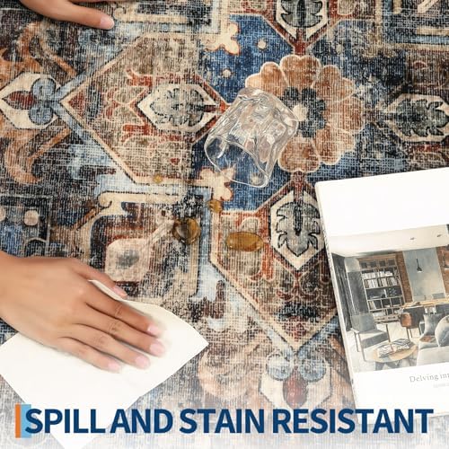 GarveeHome 9x12 Area Rug for Living Room Washable Vintage Rug Blue&Brown