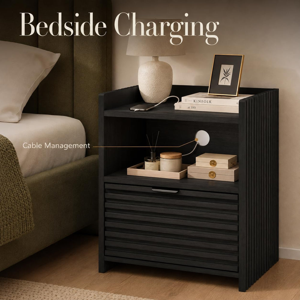 BON AUGURE Black Wood Nightstand, Modern End Table with Drawer