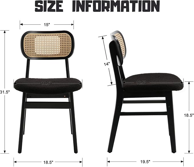 Black Rattan Dining Chairs Set of 6 Lambswool Dining Room Chairs Natural Wood...