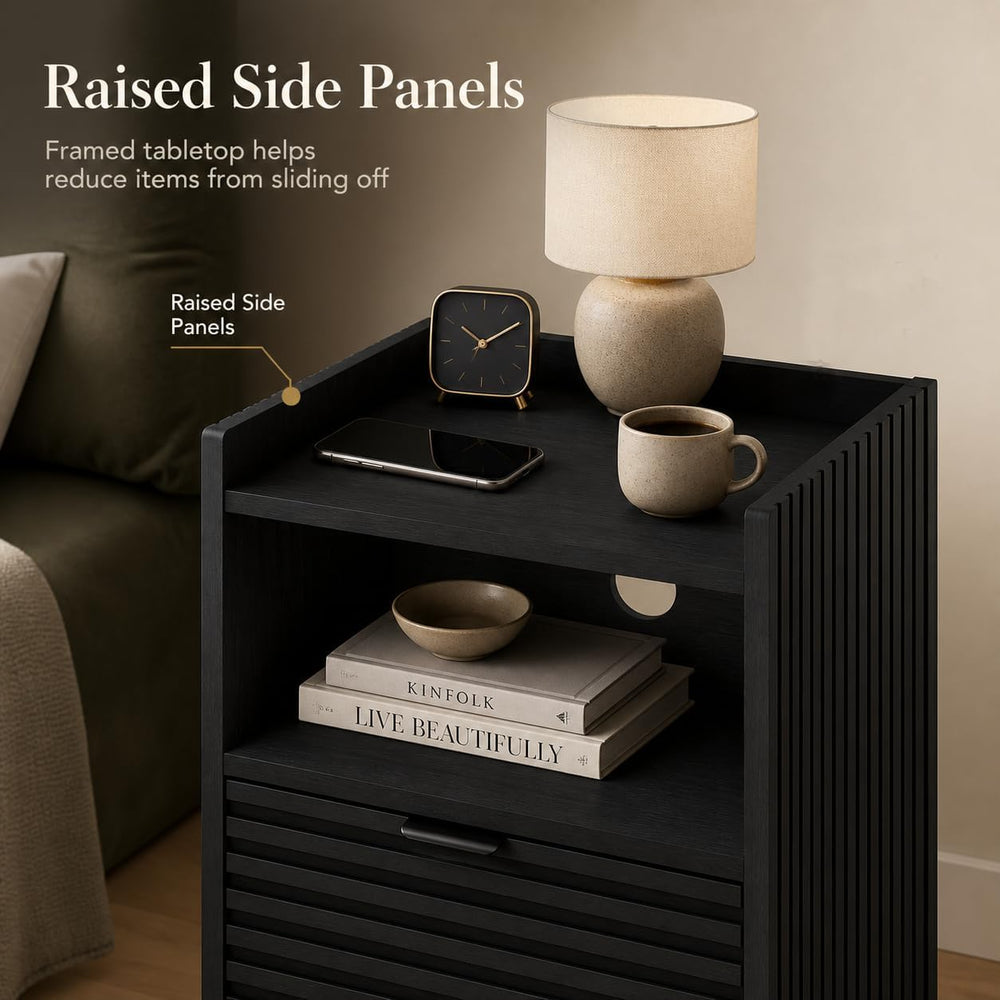 BON AUGURE Black Wood Nightstand, Modern End Table with Drawer