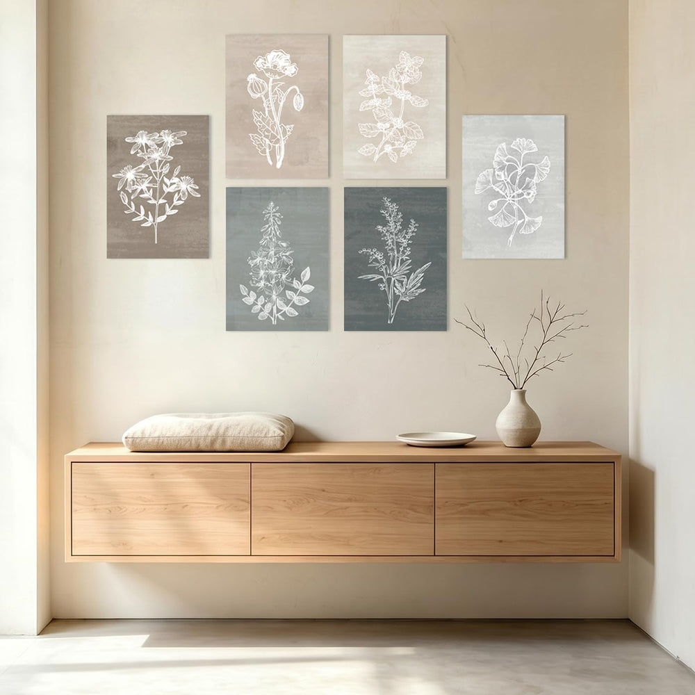 BINCUE Neutral Botanical Canvas Wall Art Simple Plant Wall Decor Rustic Flowe...