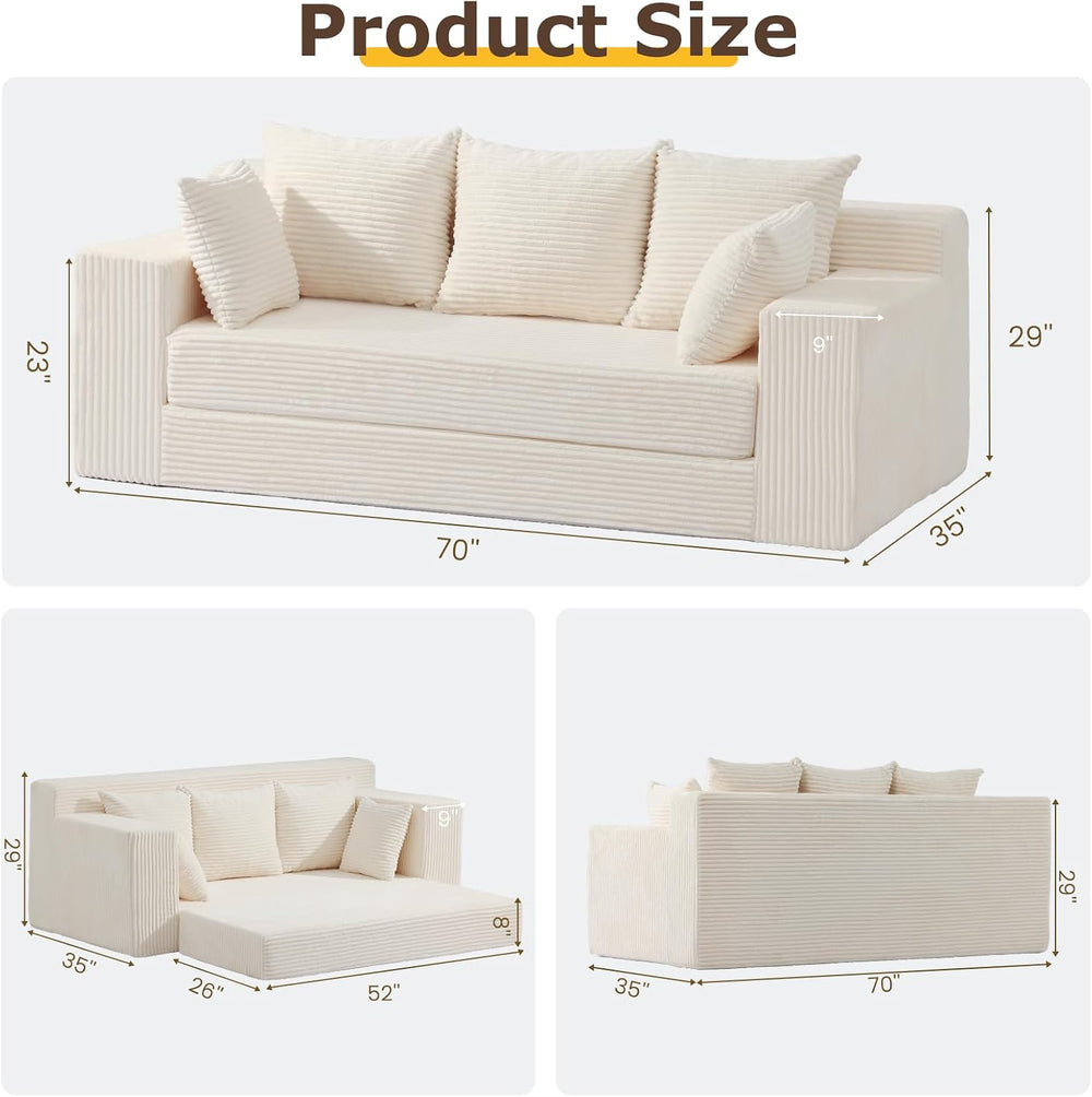 3 Seater Boneless Couch for Living Room, Convertible Futon Sofa Bed Comfy Pul...