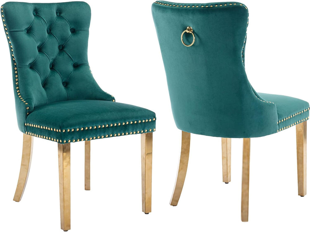Luxury Upholstered Dining Chairs Set of 2, Green Kitchen Chair with Golden Me...