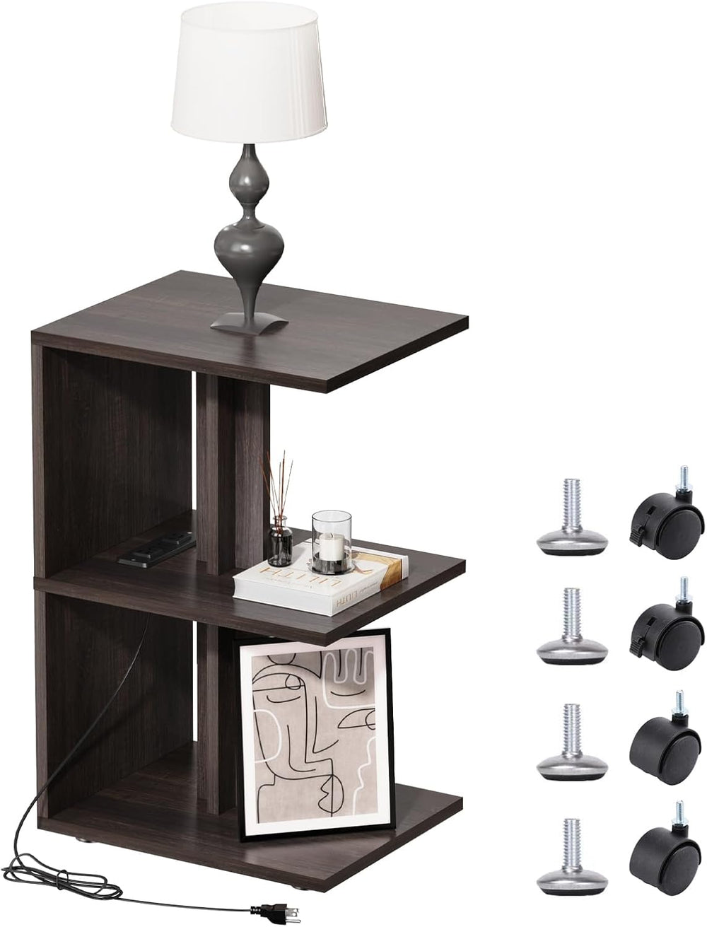 End Table, Side Table, Nightstand, USB Ports and Outlet,3-Tier Storage Shelf,...