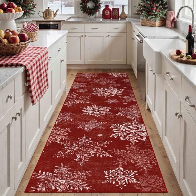 Xmas Snowflake Runner Rug 3x8 Red Washable Non Slip for Hallway | Soft,Low Pi...