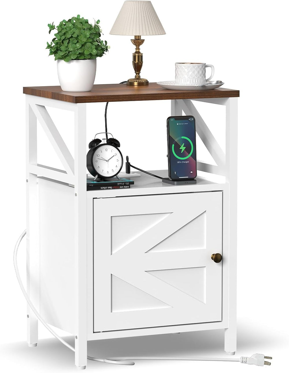 Farmhouse Side Table with Charging Station -3-Tier USB Ports & Outlets En...