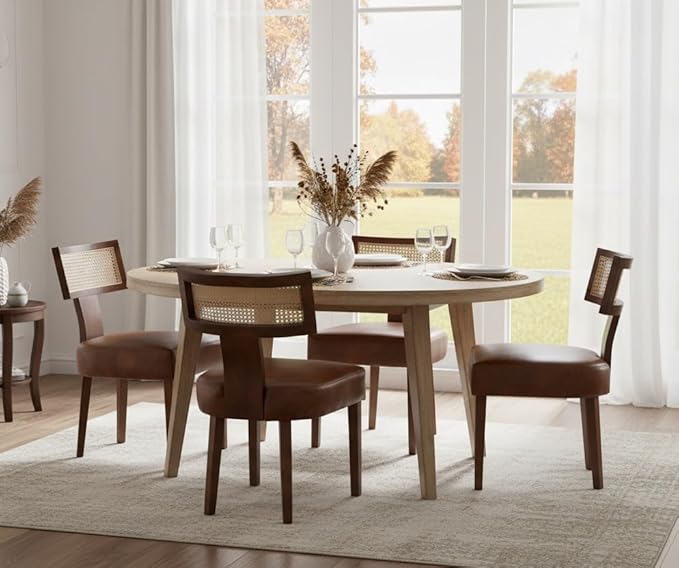 Mid Century Modern Dining Chairs Set of 4 Rattan Kitchen Chairs PU Leather Up...