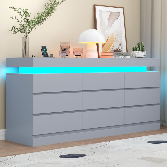 Gyfimoie 9 Drawer Dresser with Power Outlet, Modern Dresser with LED Light