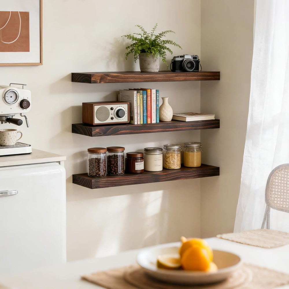 24x6.8x1.7in Solid Wood Floating Wall Shelf Set of 3 Walnut Finish