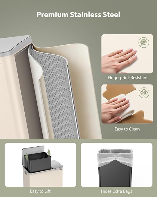 Dual Trash and Recycling Bins for Kitchen, 13.2 + 5.2 Gal Stainless Steel Trash