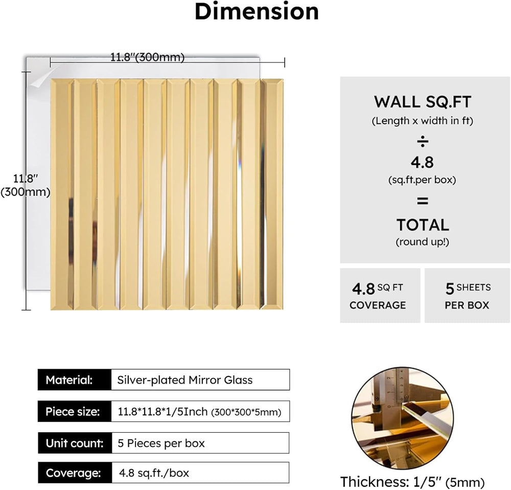 Diflart Peel and Stick Mirror Backsplash Tile, Gold, 11.8 x 11.8 Inch, Bevele...