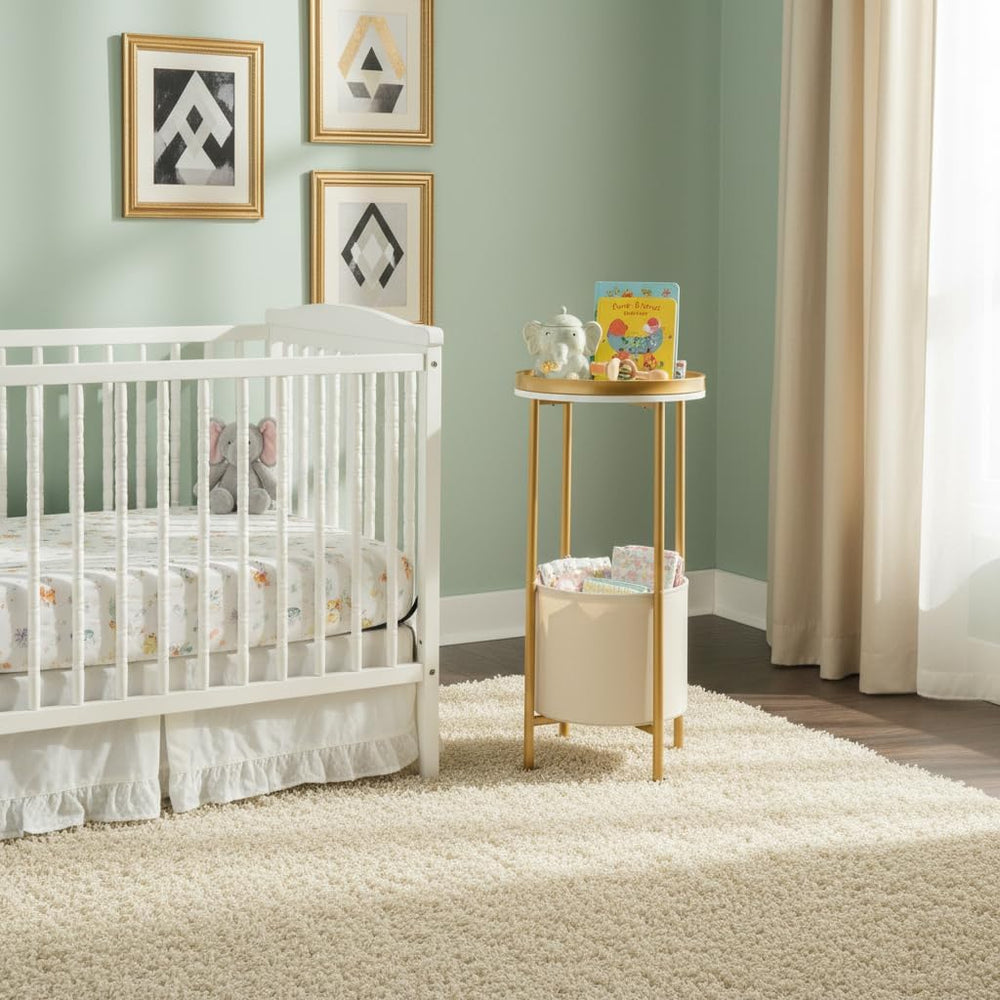 Small Round Side Table with Storage Basket, 2-Tier Round End Table for Living...