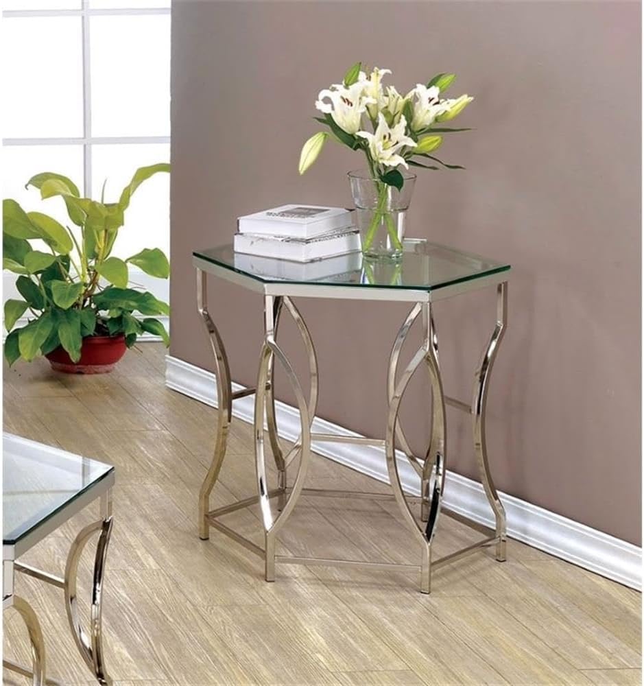 BOWERY HILL Contemporary Metal End Table, Chrome Finish, Hexagon 8mm Tempered...