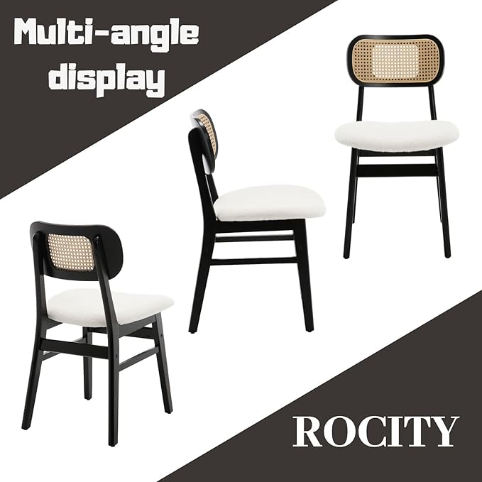Black Rattan Dining Chairs Set of 6 Sherpa Dining Room Chairs Natural Wooden ...