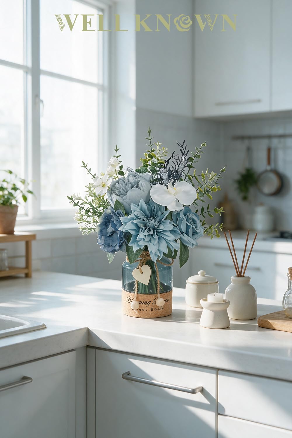 WELL KNOWN Artificial Flowers Bouquet with Designed Glass Vase, Dusty Blue