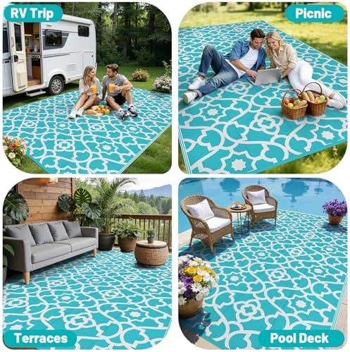 HEBE Waterproof Outdoor Rug 9'x12', Geometric Reversible Plastic Pati...
