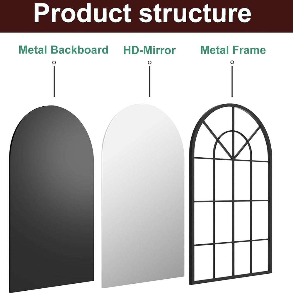 Dewfig Arched Wall Mirror, 42"x24" Metal Frame Windowpane Mirror, B...
