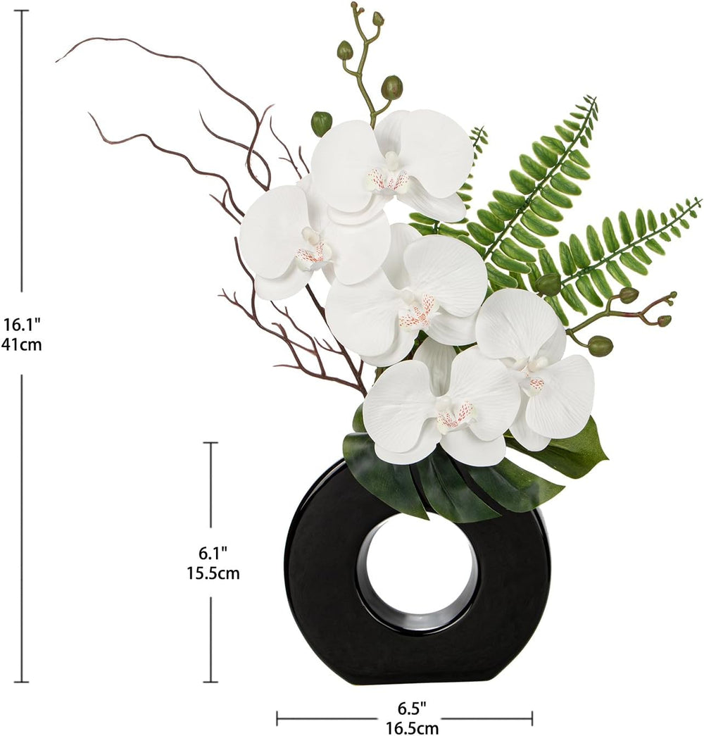 Briful 16.1" Orchid Artificial Flowers in Black Ceramic Vase, White