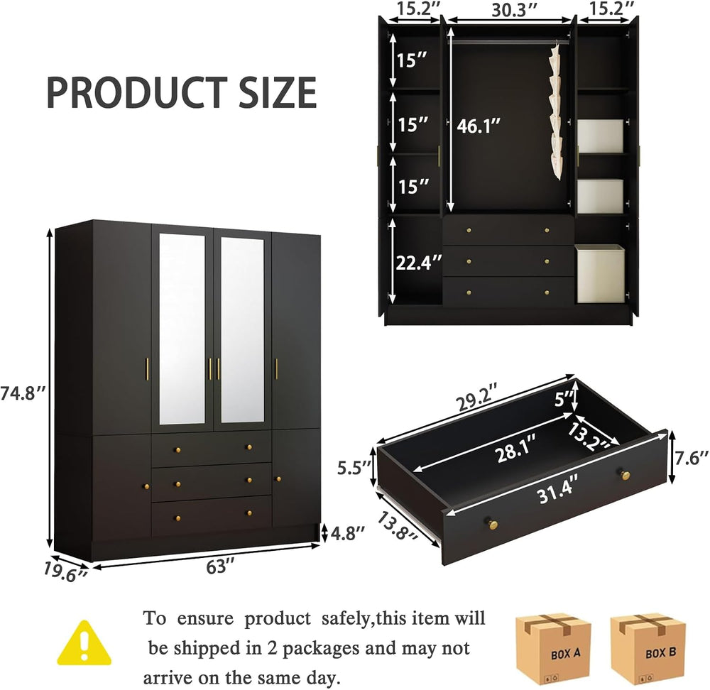 75” Tall Wardrobe Closet with 4 Doors & 3 Drawers, Modern Armoire with Mi...