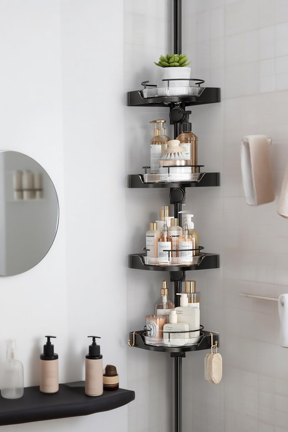 shuang qing 360° Rotating Corner Shower Caddy Tension Pole Organizer