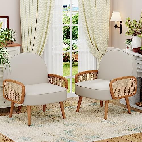 Aklaus Mid Century Modern Accent Chairs Set of 2 Upholstered Rattan Faux Leat...