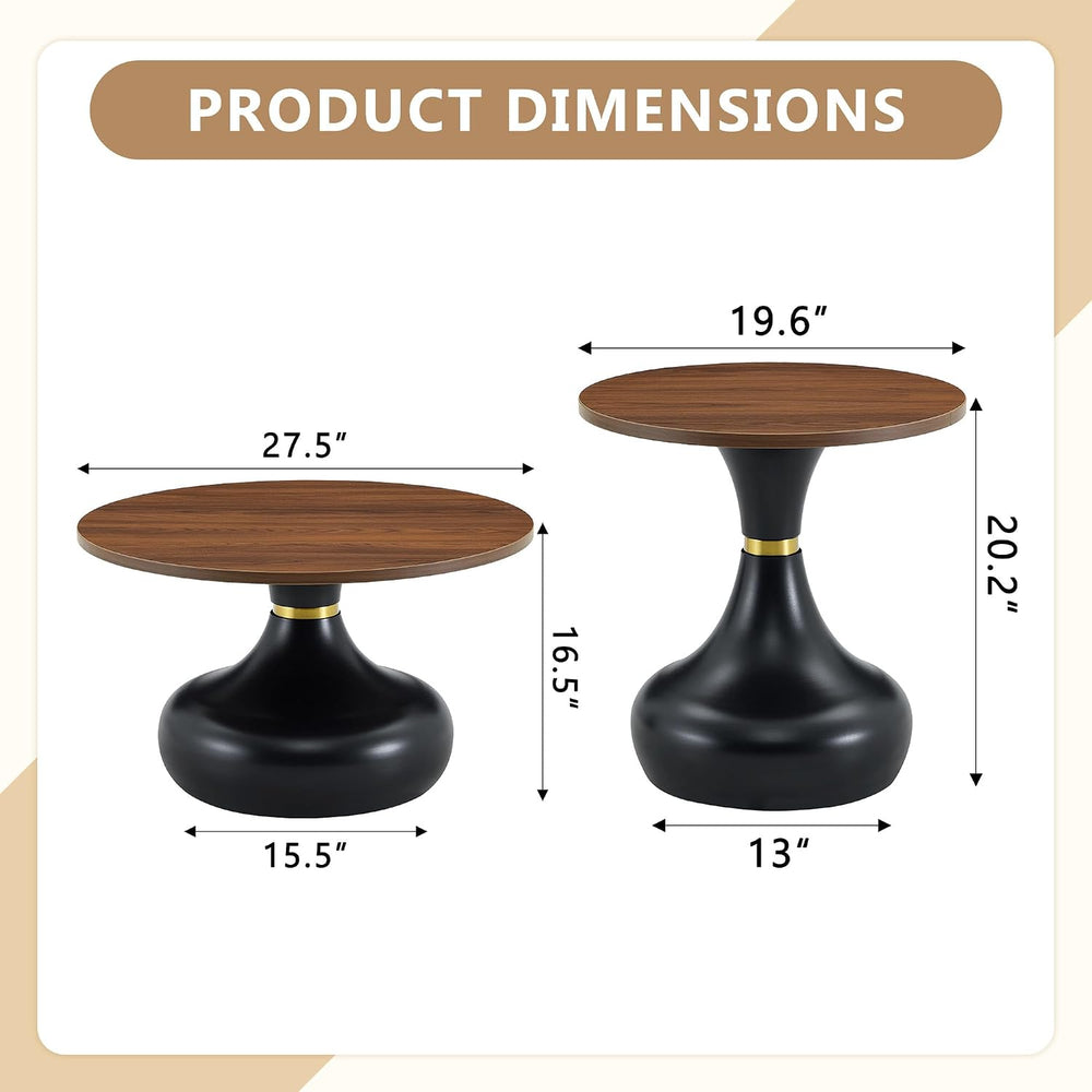2-Piece Nesting Coffee Table Set, Walnut Wood Grain, Gold Metal Base | Nestin...