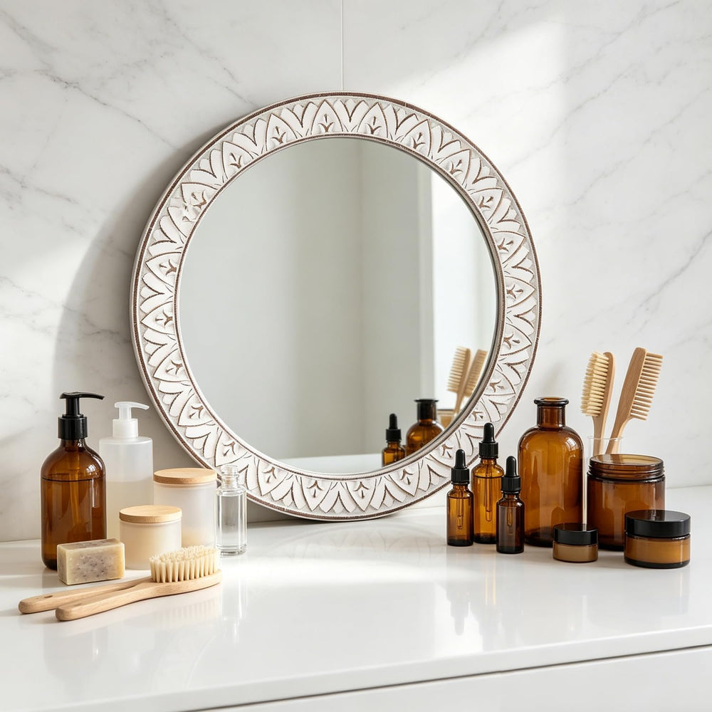 20" Round Rustic Mirror Wooden Frame Circle Mirrors, Distressed Wall Mou...