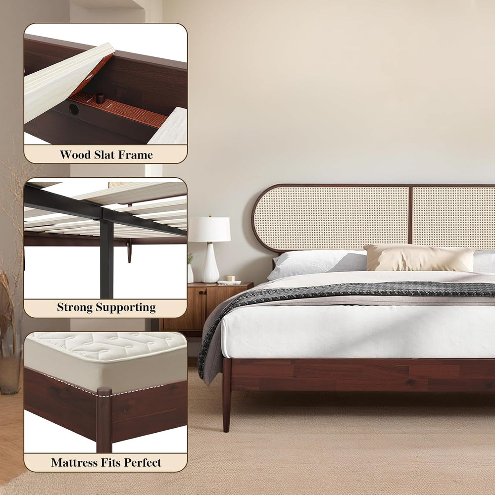 King Bed Frame with Rattan Headboard, Solid Wood Foundation with 12-Slat Wood...