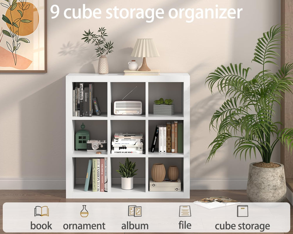Bookshelf with Storage Bins, 9-Cube Storage Organizer Sturdy Wooden Bookcase ...