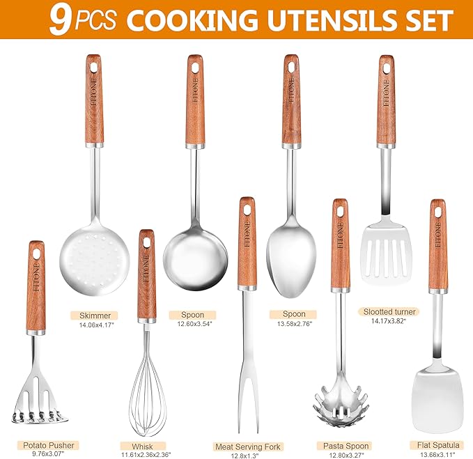 9PCS 18/8 Stainless Steel Kitchen Utensils Set, Heavy Duty Wooden Handle