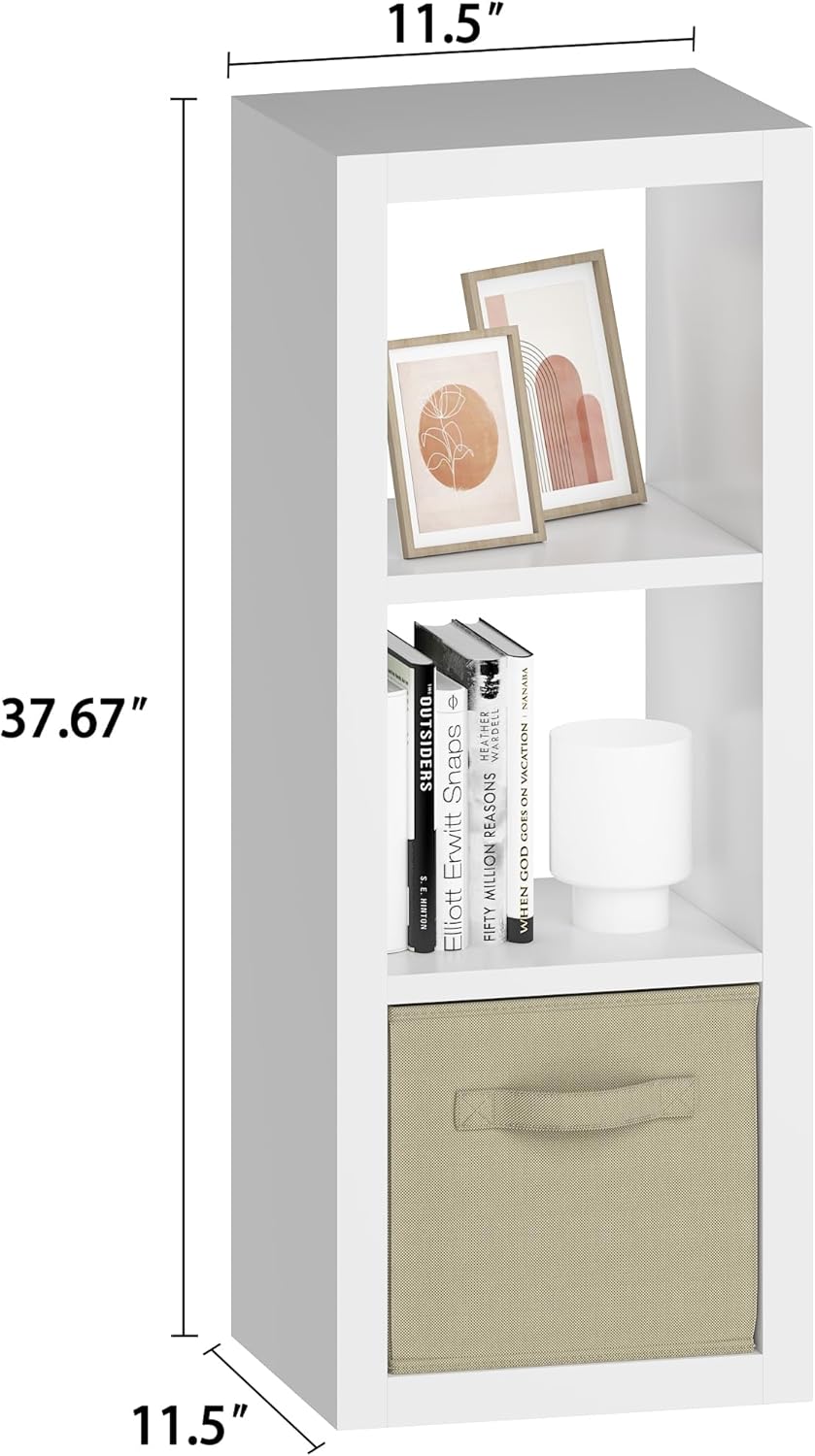 furtble 3 Cube Storage Organizer Shelf with Bins, White 3 Tier Bookcase with ...