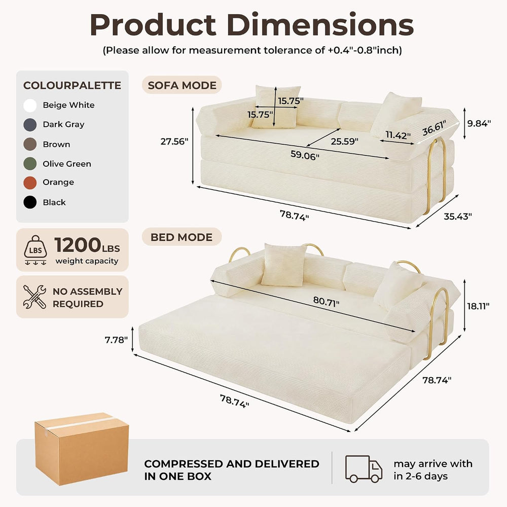 79" Convertible Futon Sofa Bed, Boneless Couch for Living Room | White