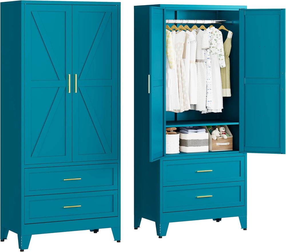 71" Metal Wardrobe Closet Clothing Storage Cabinet with 2 Drawers