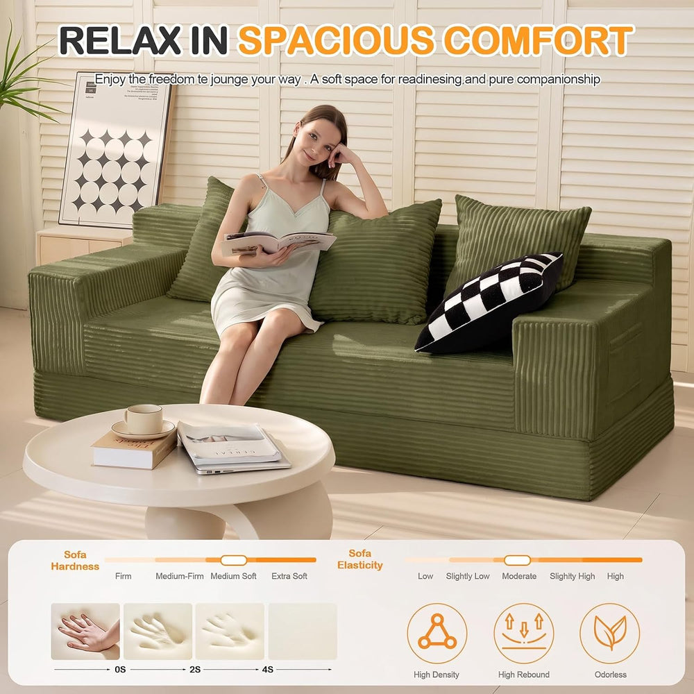 3 Seater Boneless Couch Sofa Bed, 78'' Corduroy Oversized Loveseat Fo...