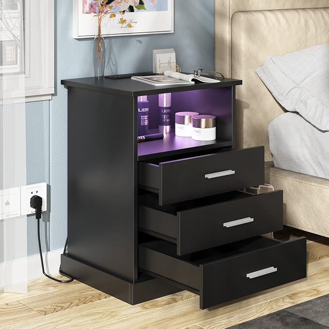 Black LED Nightstand with Charging Station, Side Table with 3 Drawers and Lig...