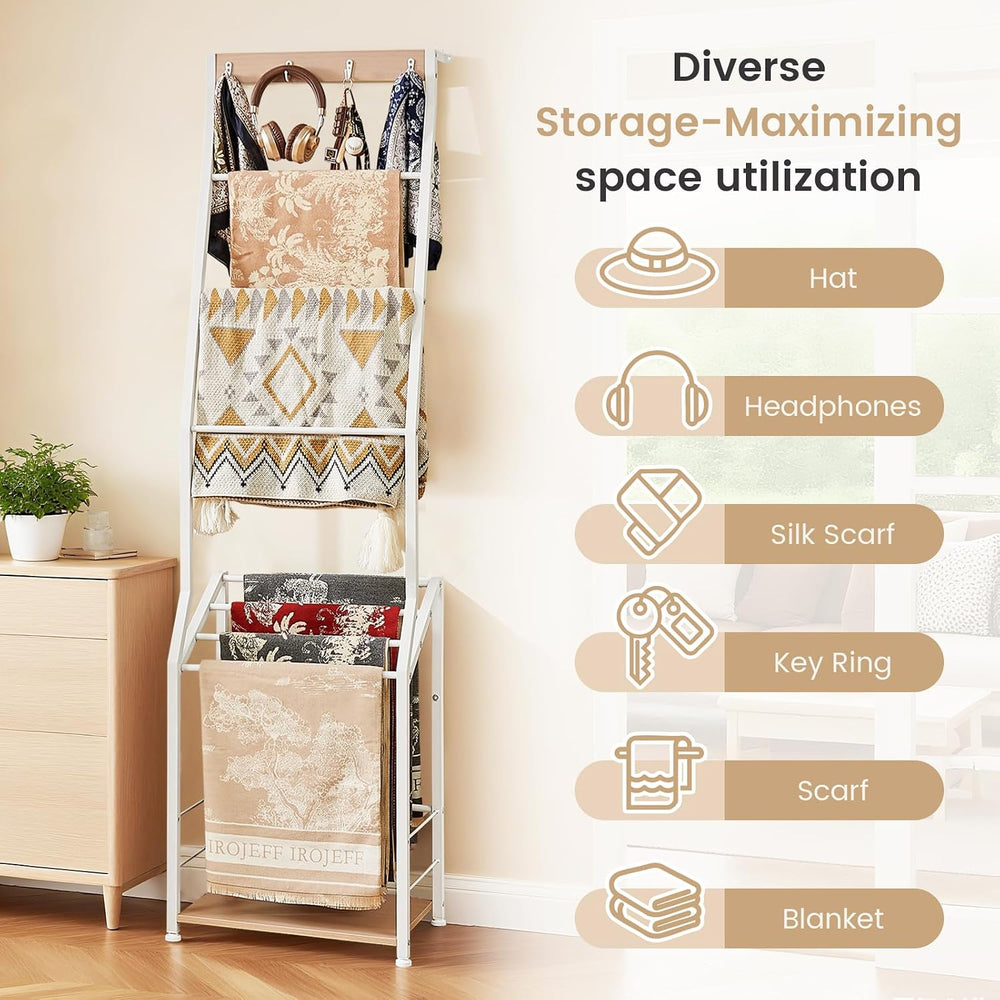 Pinzoveco Blanket Ladder, 7 Tier Wooden Ladder Shelf with Hooks 5.5ft White |...