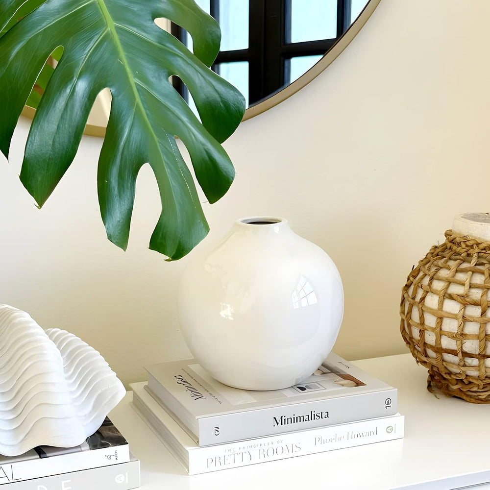 Willowy 7.5 Inch Large White Ceramic Vase with Glossy Finish - White Vases fo...