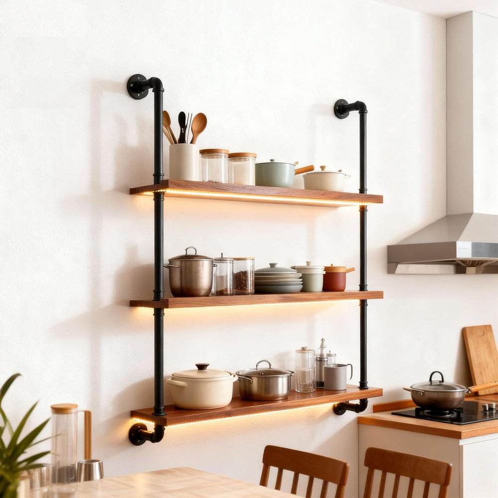 32" Wine Rack Wall Mounted with LED Lights, 3-Tiers Wall Bar Shelves | S...