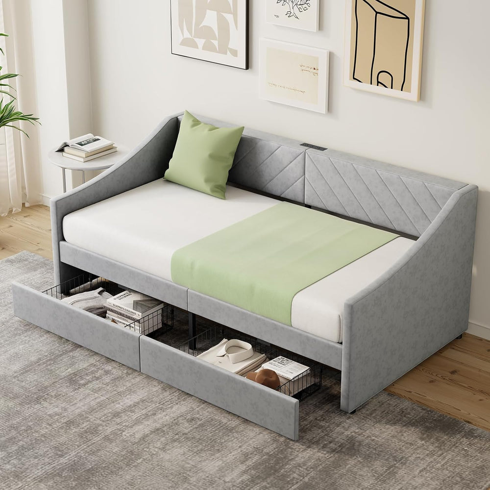Twin Size Daybed with 2 Storage Drawers, Upholstered Daybed Frame with Chargi...