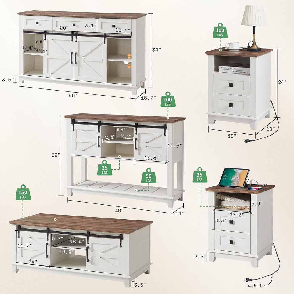 AMERLIFE Living Room Table Set of 5 with 59" TV Stand, Rustic White | Fa...