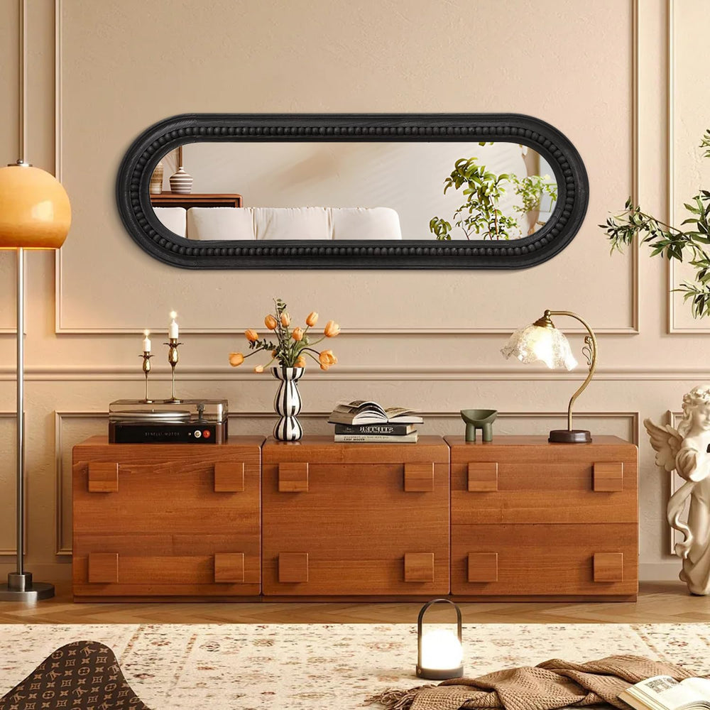 Oval Full Length Mirror with Beaded Wood Framed Black Decorative Large Wall M...