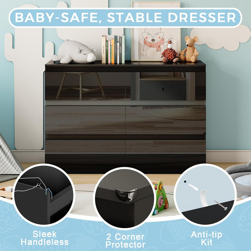 6 Drawer Dresser for Bedroom, 47" Wide Black Wood Chest for Storage
