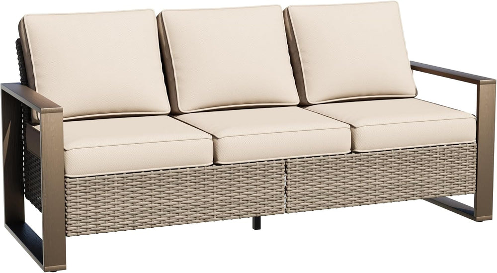 75" Patio Metal Wicker Sofa, All Weather Outdoor Rattan 3-Seat Sofa Couc...