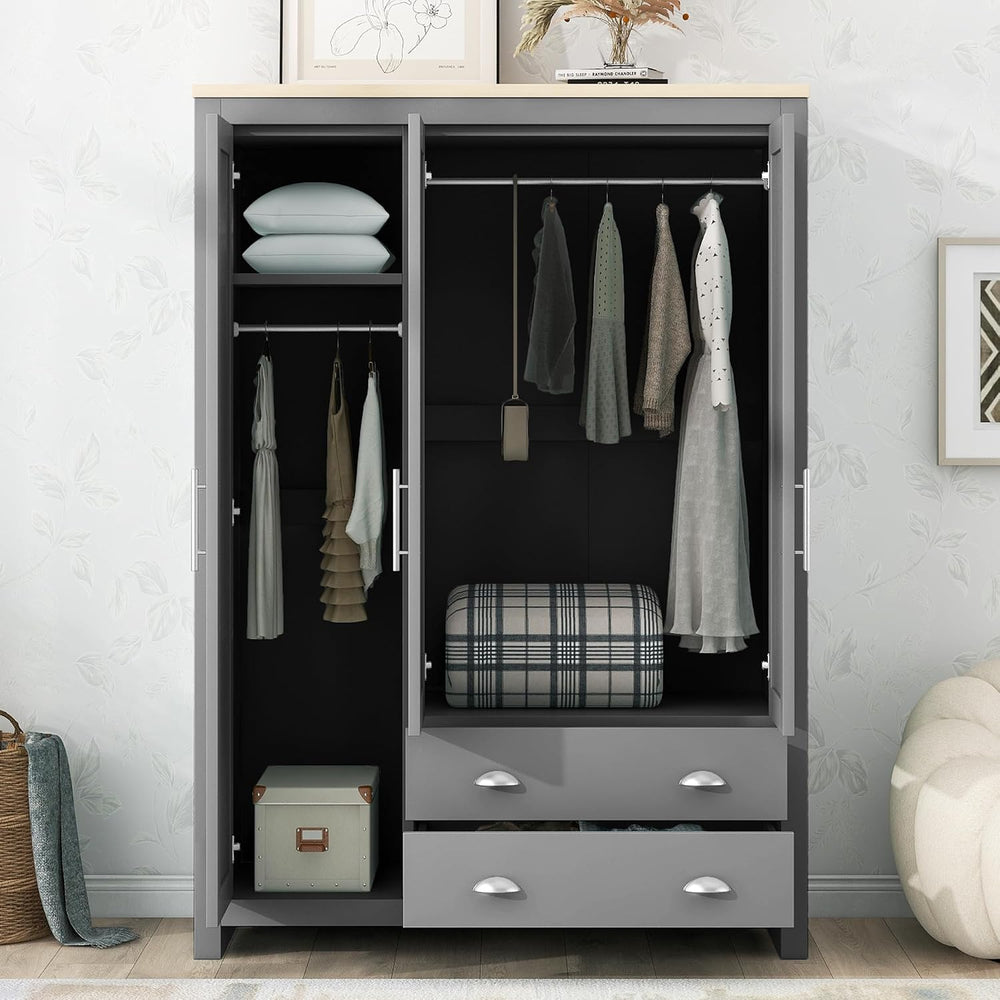3 Doors Armoire Wardrobe Closet with 2 Drawers, 67.9" H Wooden Closet Wa...