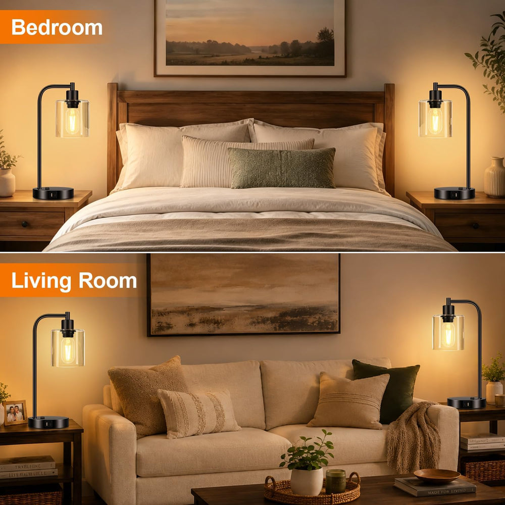 Set of 2 Industrial Touch Control Table Lamps with USB C+A Ports and AC Outle...