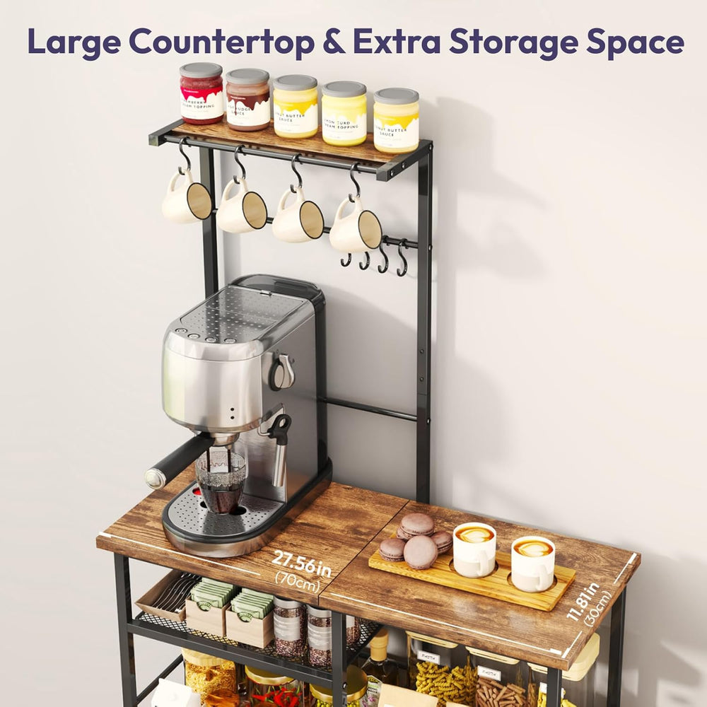 SWTYMIKI Bakers Rack with Storage - Coffee Bar Cabinet Organizer with 8 Hooks...